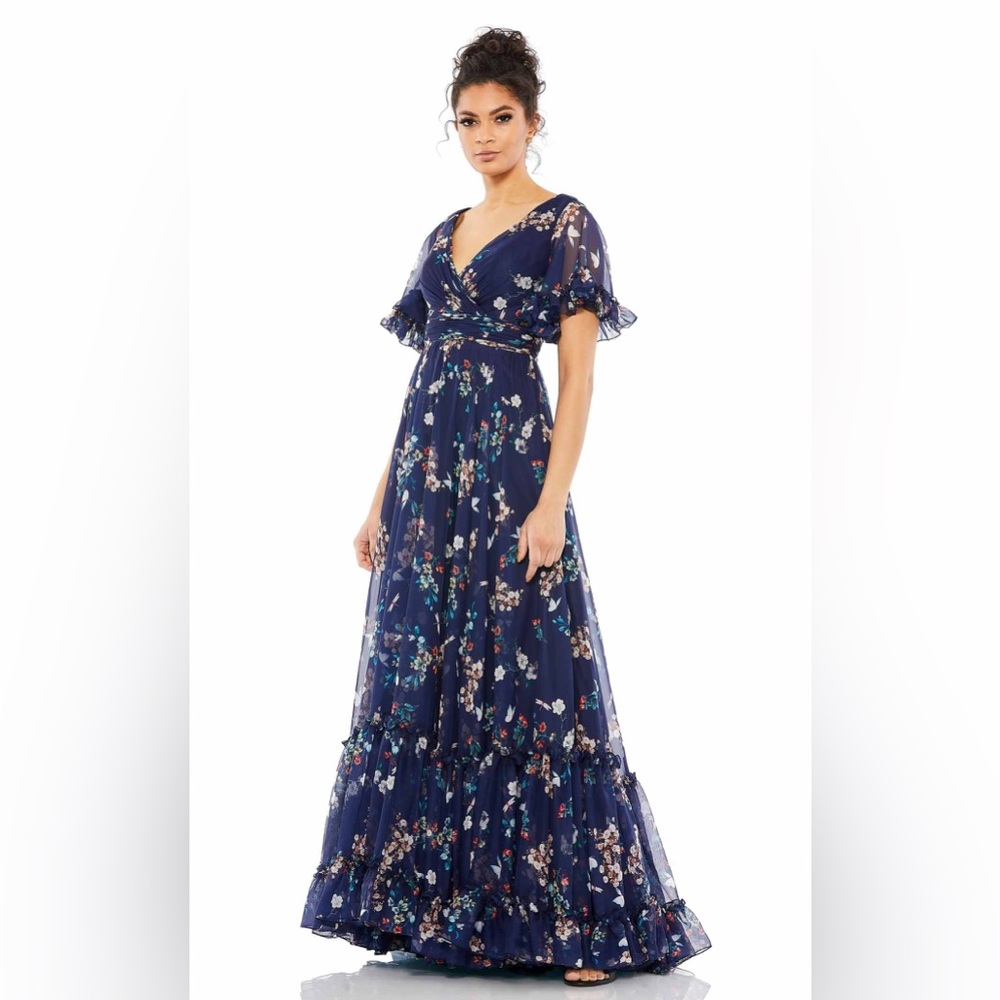 Mac Duggal Flounce Sleeve Floral Maxi Dress in Navy Multi Size 4 New w/Tag